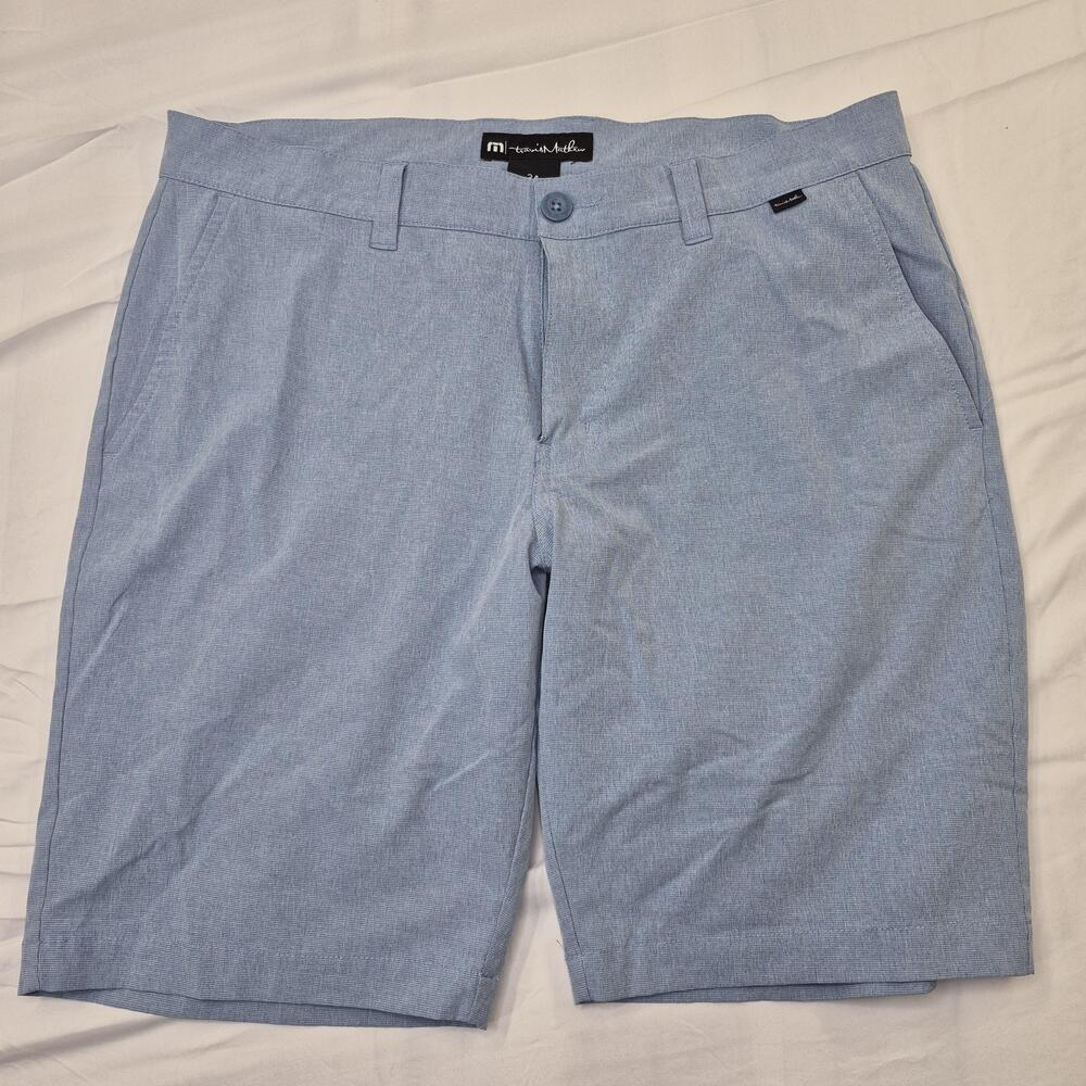 Travis Mathew Shorts Mens 34 Blue Check Chino Performance Golf Stretch Casual
